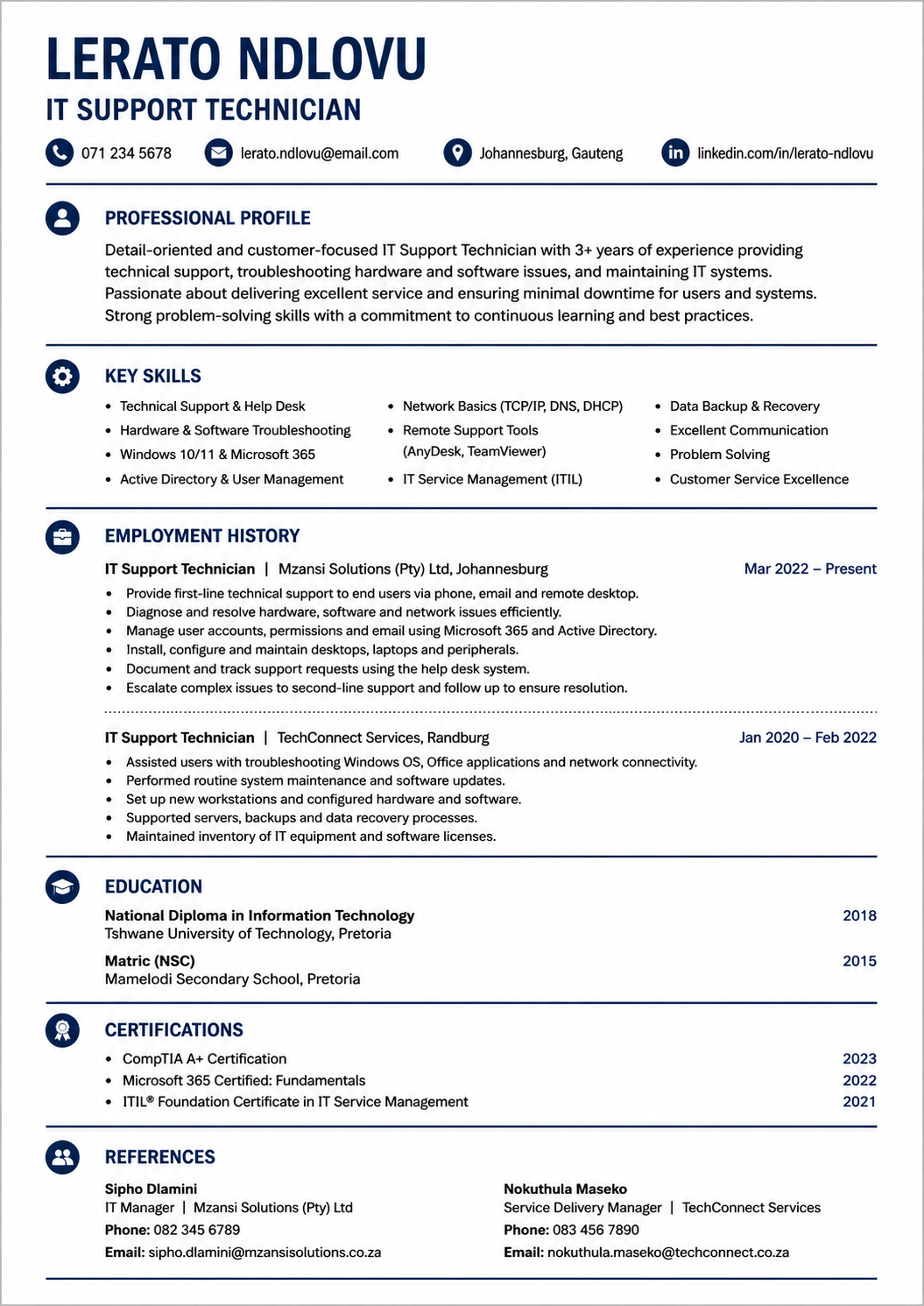 ATS-friendly IT Support Technician CV example