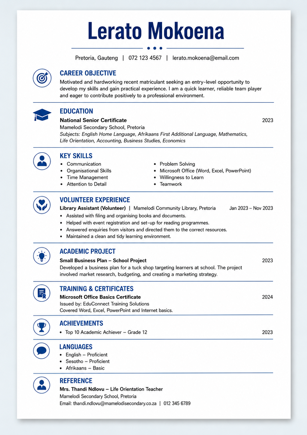 Example CV for a South African applicant with no formal work experience