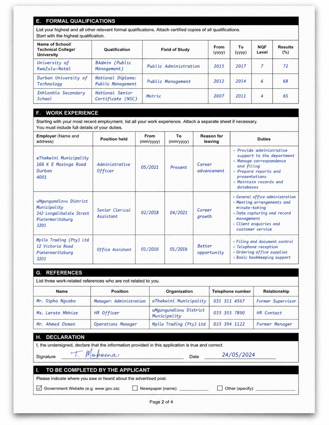 Fictional example showing qualifications, work experience and references on a filled Z83 form
