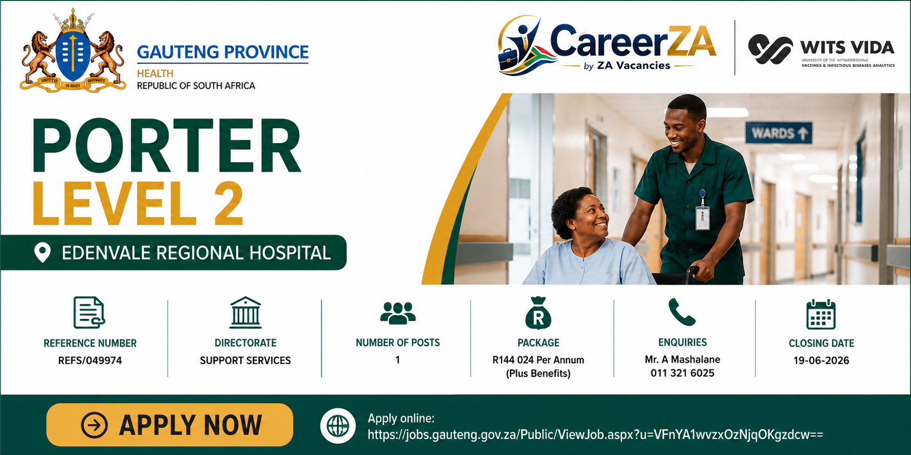 Porter Level 2 vacancy at Edenvale Regional Hospital