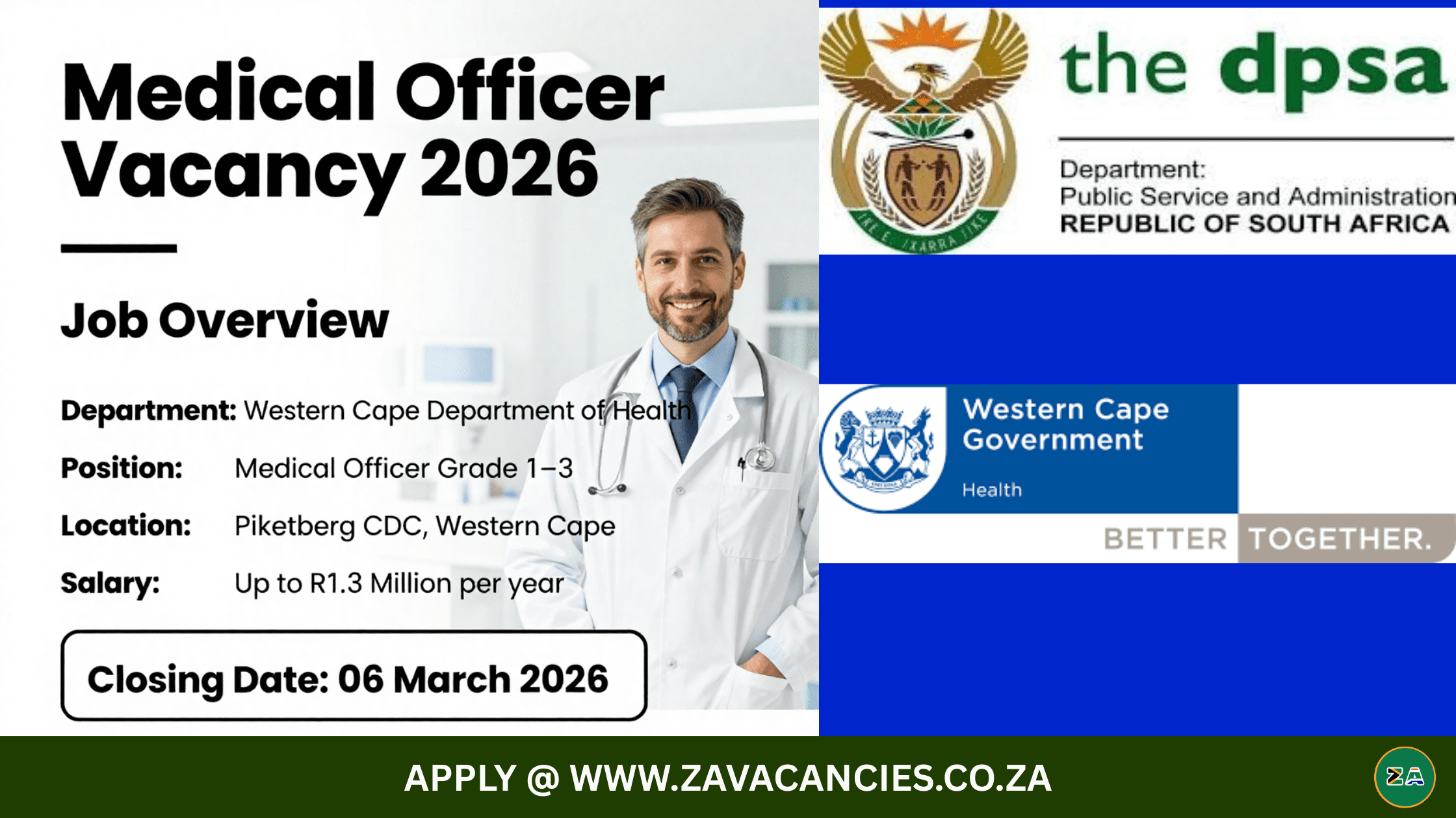 Medical Officer Grade 1 to 3 vacancy 2026 at Piketberg CDC Western Cape Department of Health with DPSA job overview and closing date 06 March 2026