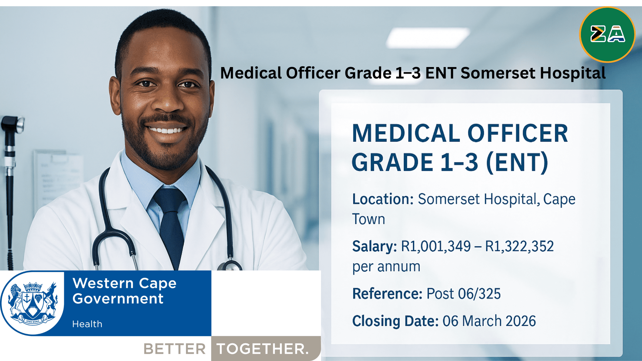 Medical Officer Grade 1–3 ENT Somerset Hospital job overview banner showing doctor in hospital setting