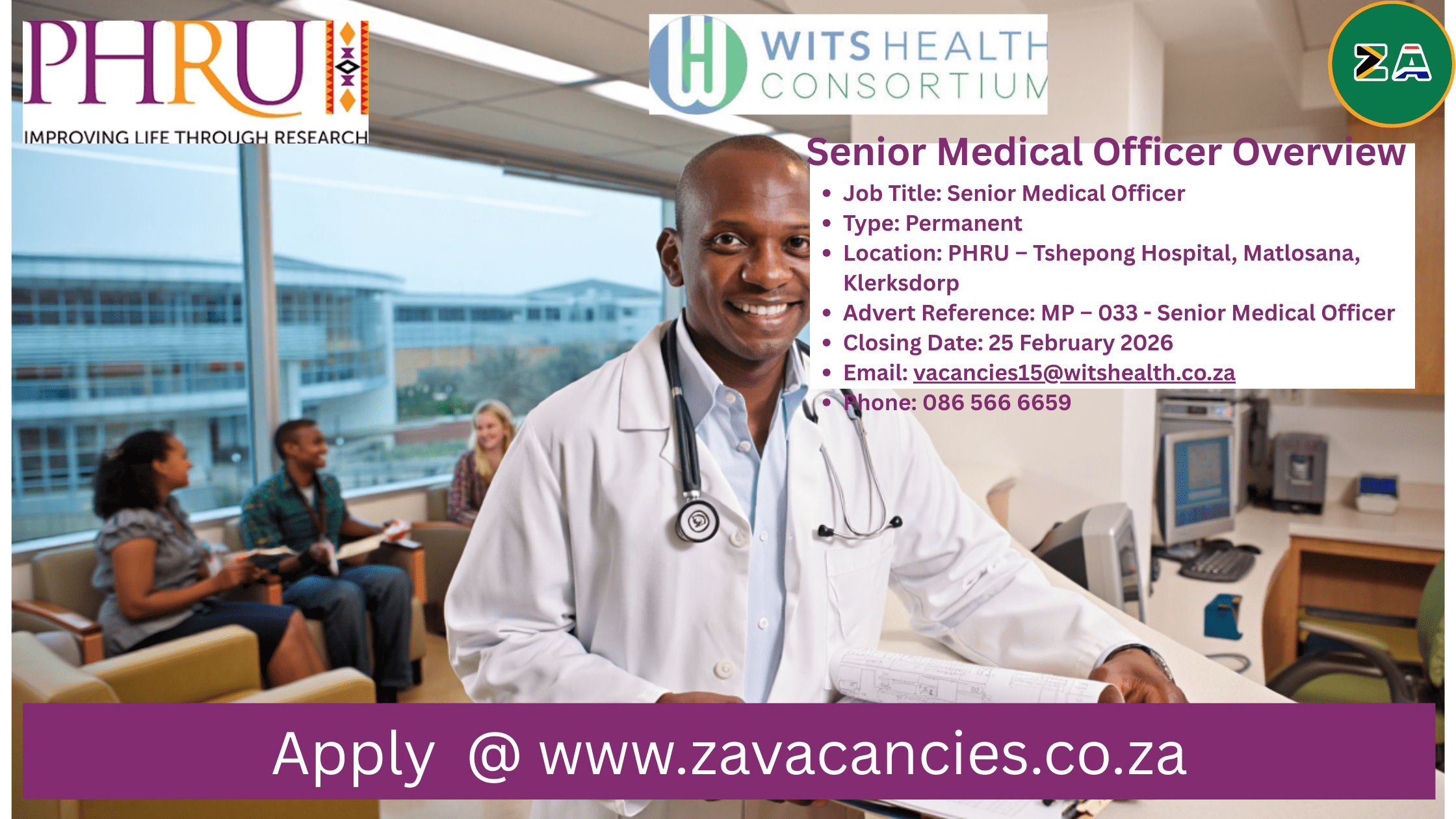 Senior Medical Officer PHRU Tshepong Hospital reviewing patient charts and supervising clinical trial participants in Matlosana, South Africa