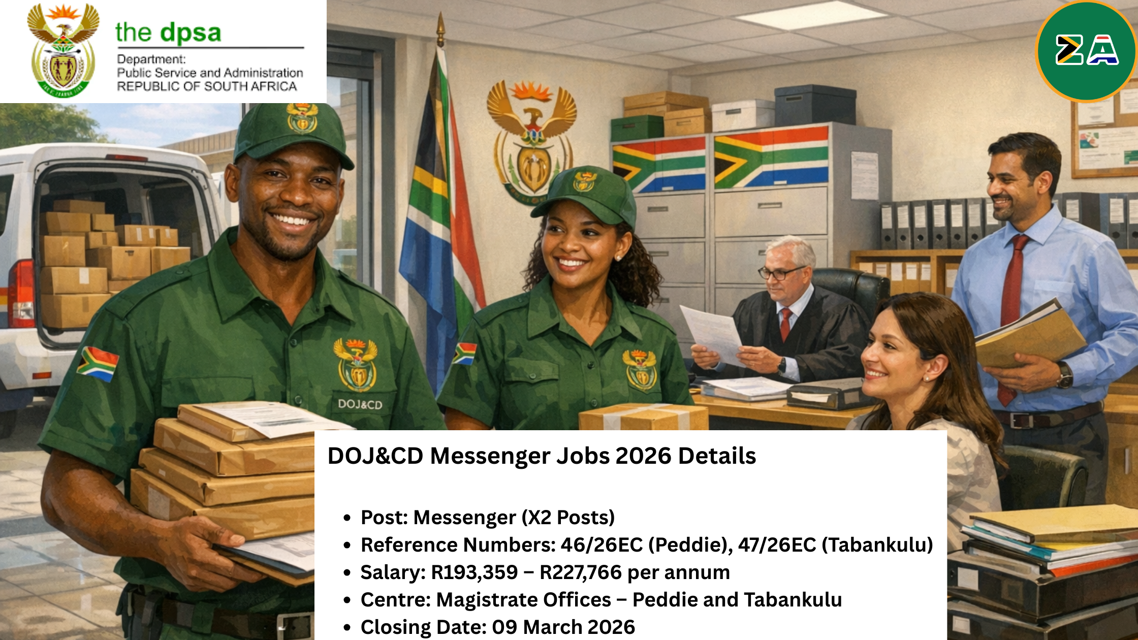 DOJ&CD Messenger Jobs 2026 – government messenger delivering documents and parcels at Magistrate Office in South Africa