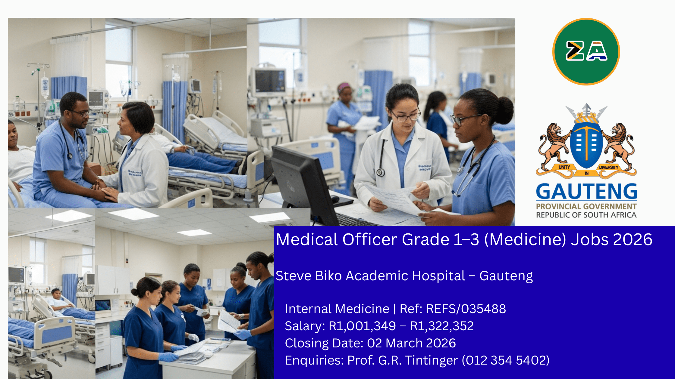Medical Officer Grade 1–3 Internal Medicine Jobs 2026 at Steve Biko Academic Hospital, showing doctors consulting patients and supervising interns.