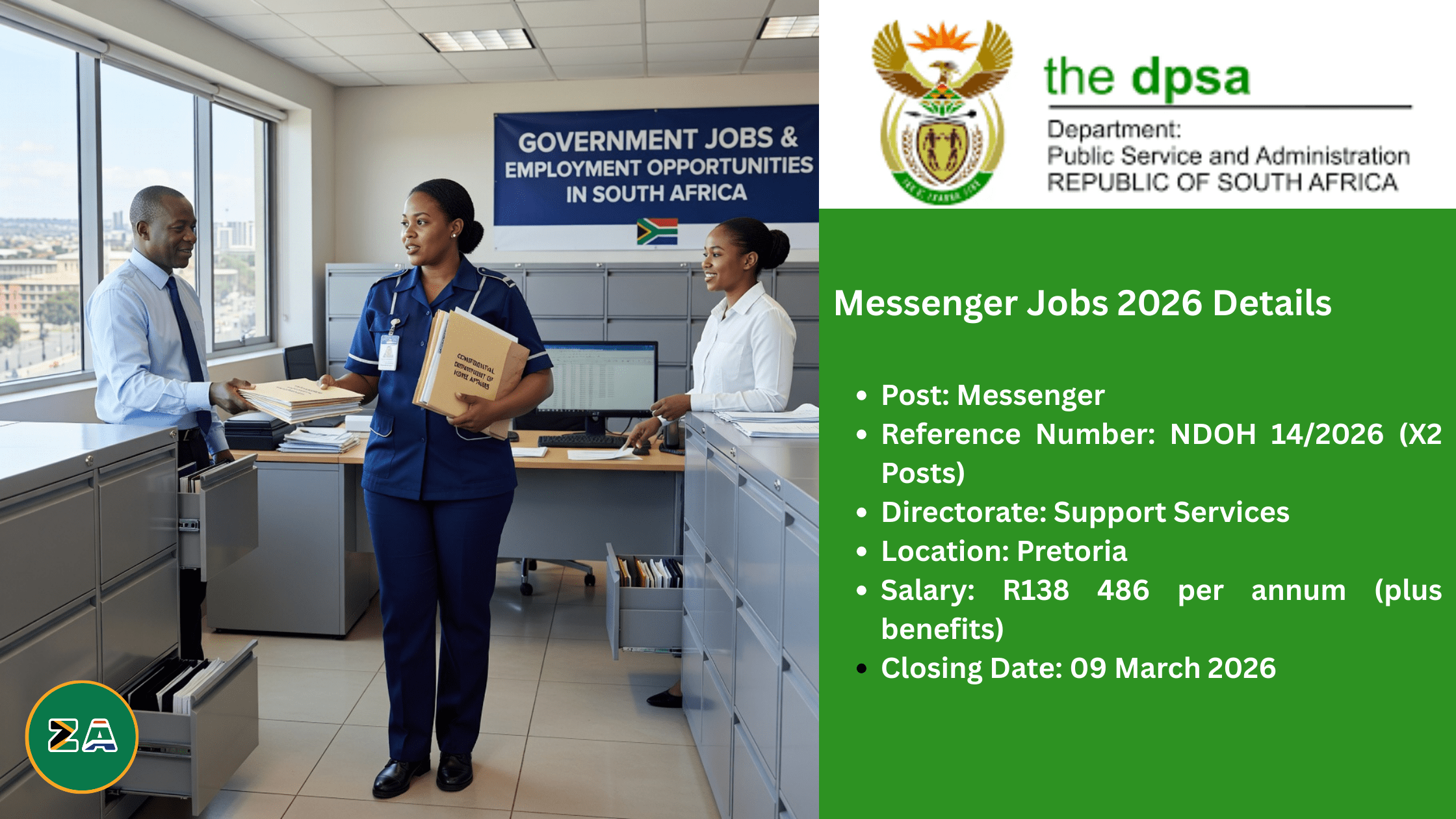 South African government messenger delivering files and documents in a Pretoria office, supporting employment equity.