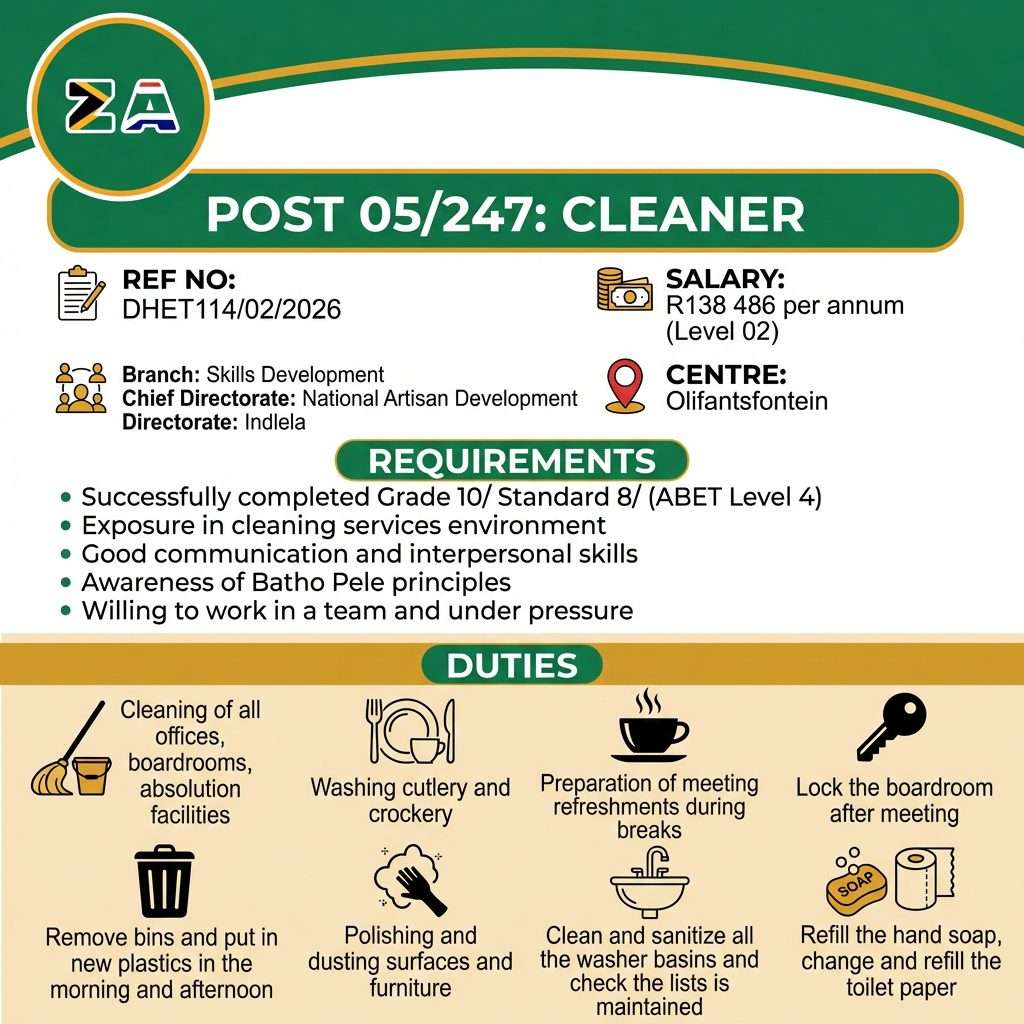 Cleaner Vacancy Olifantsfontein 2026 at DHET Indlela campus government cleaning job South Africa