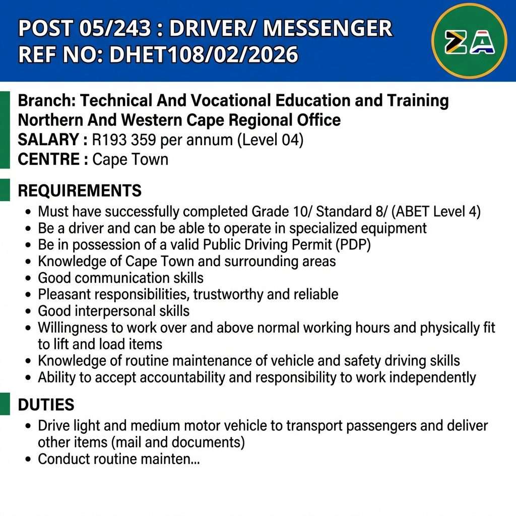 Driver Vacancy in Cape Town 2026 at Department of Higher Education and Training with salary R193 359 per annum