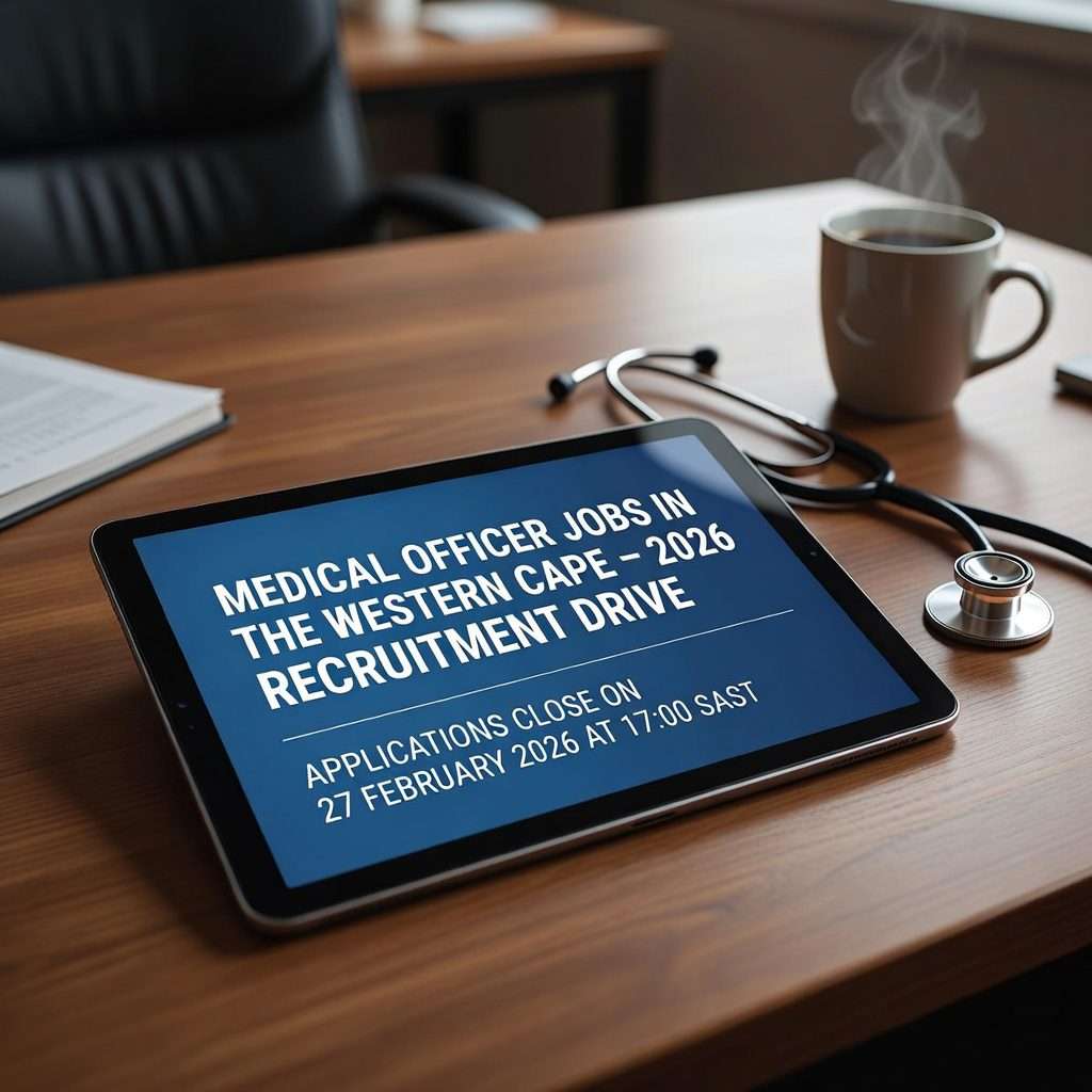 Screenshot of a job advertisement for Western Cape Medical Officer positions, showing application deadline of 27 February 2026 at 17:00 PM