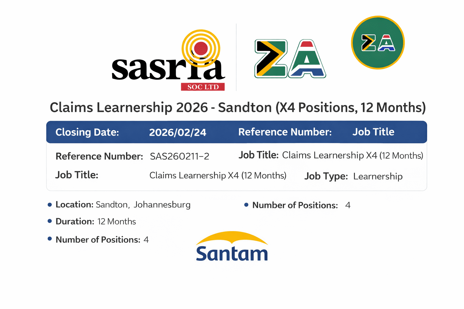SASRIA Claims Learnership 2026 in Sandton – Gauteng