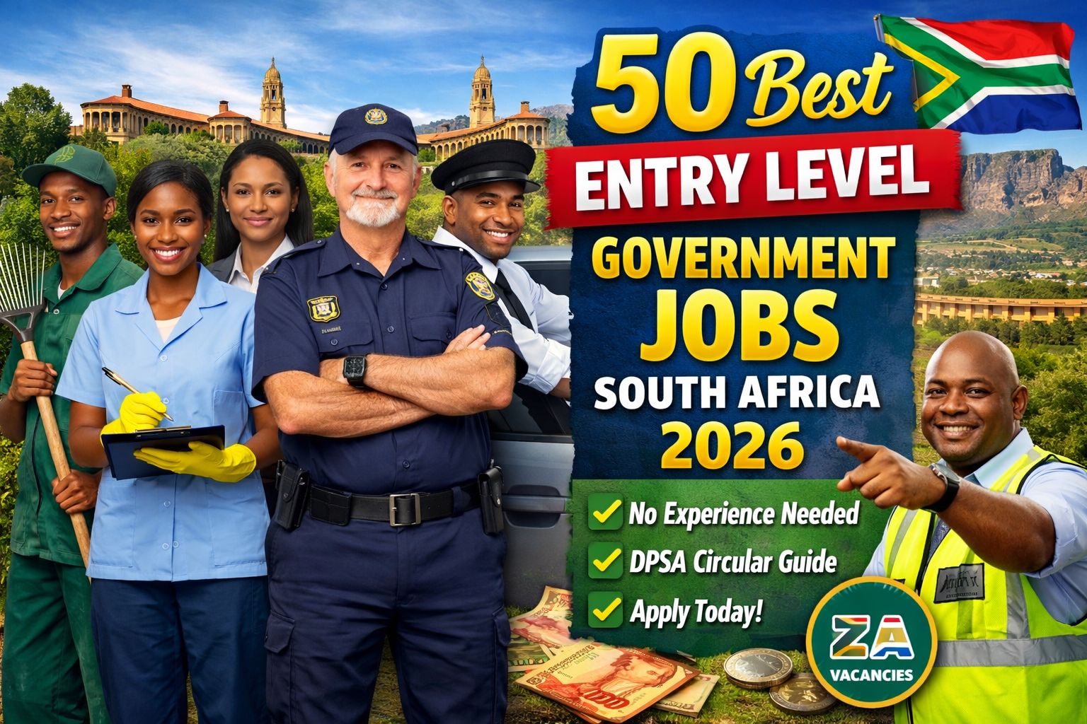 50 Best Entry Level Government Jobs South Africa 2026 DPSA Circular guide showing cleaner, groundsman, police officer and driver jobs