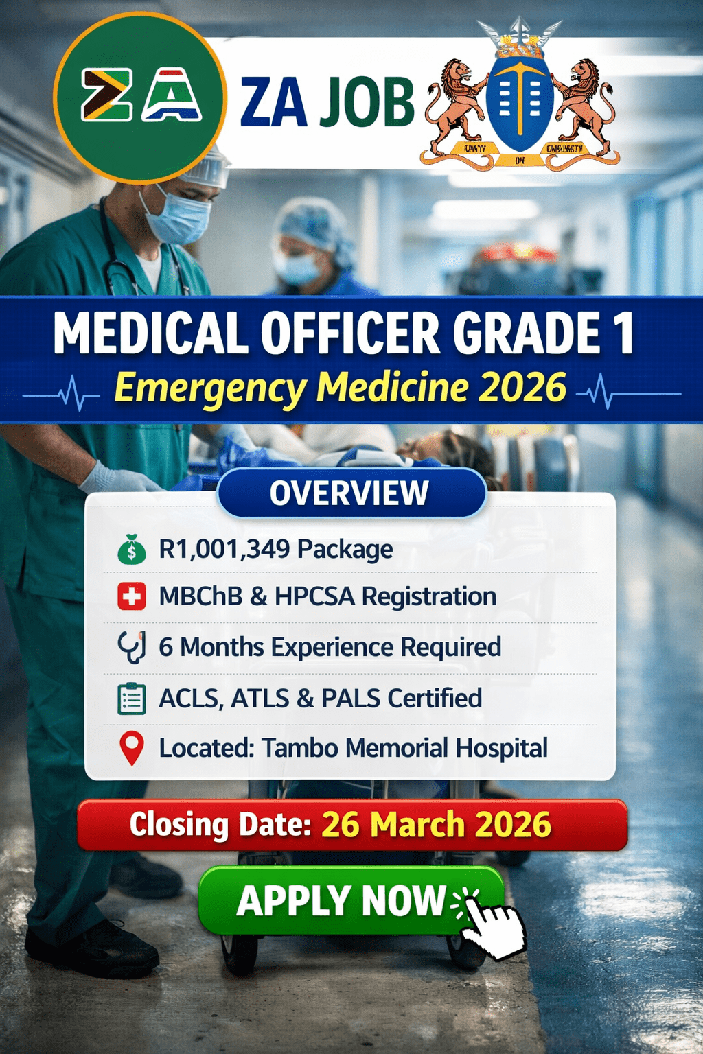 Medical Officer Grade 1 Emergency Medicine 2026 Tambo Memorial Hospital job poster South Africa