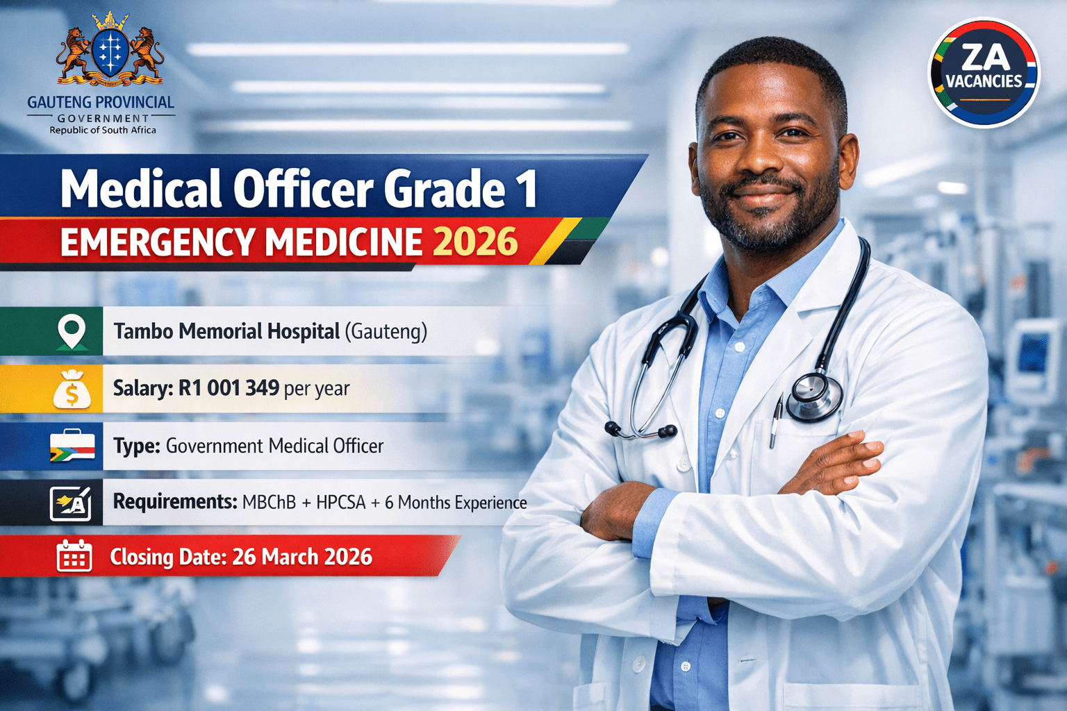 Medical Officer Grade 1 Emergency Medicine 2026 job poster Gauteng Department of Health Tambo Memorial Hospital