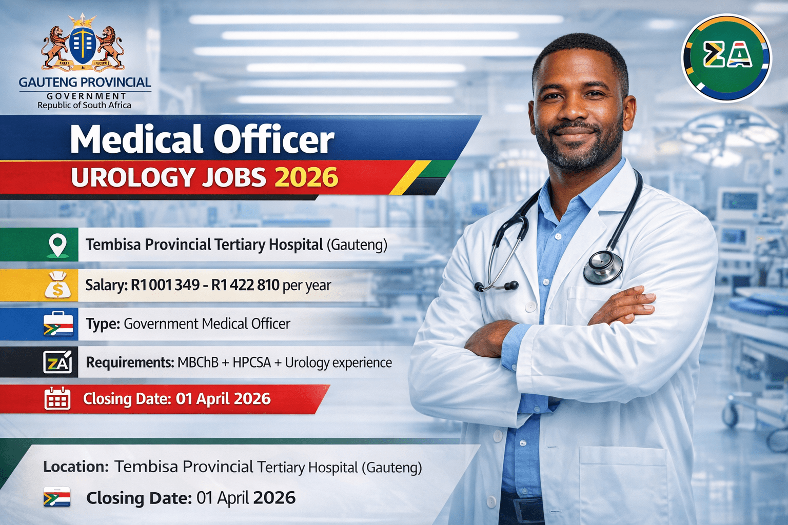 Medical Officer Urology Jobs 2026 Gauteng Department of Health Tembisa Hospital job poster