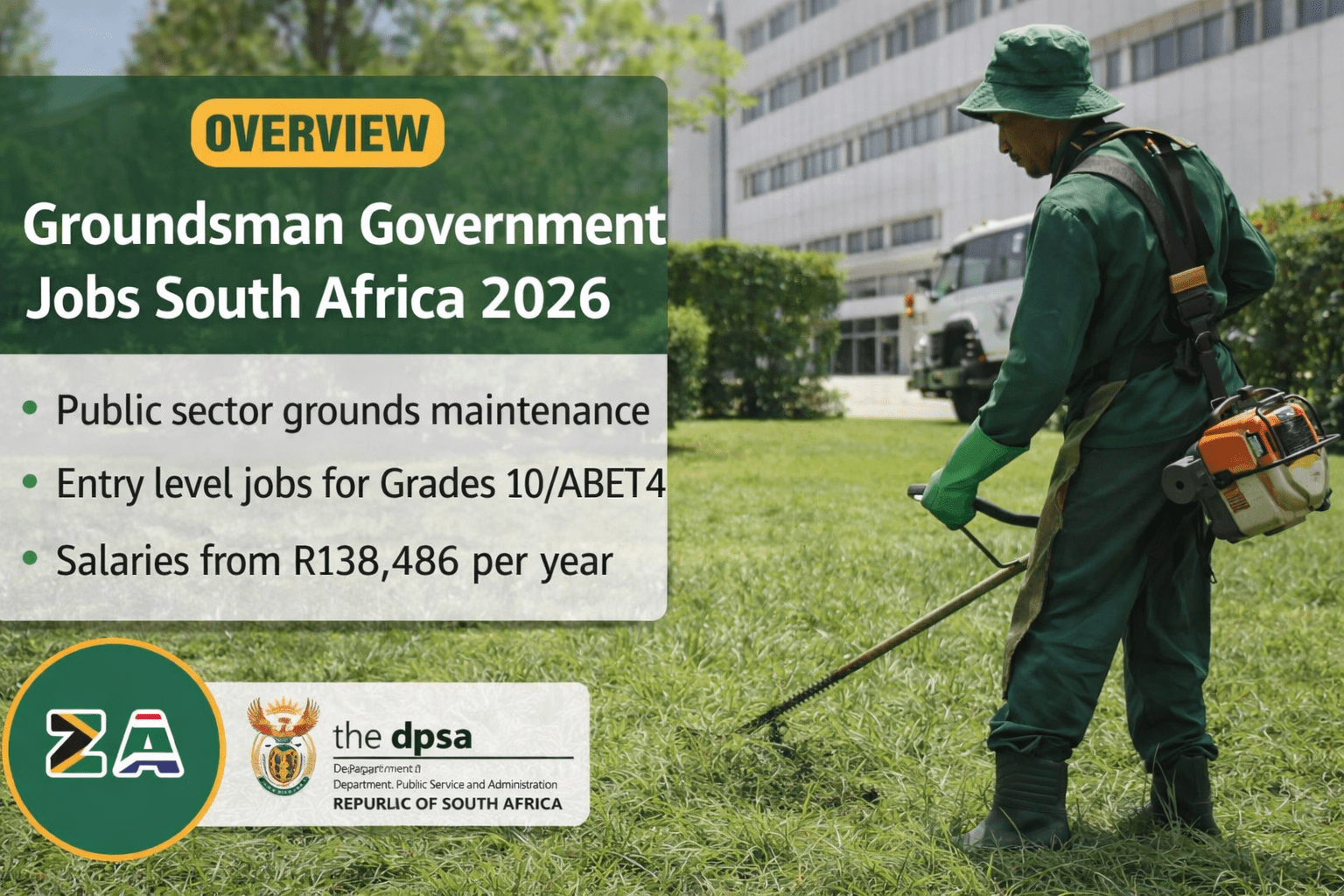 Groundsman Government Jobs South Africa 2026 overview with DPSA and ZA Vacancies logos showing entry level government grounds maintenance jobs.