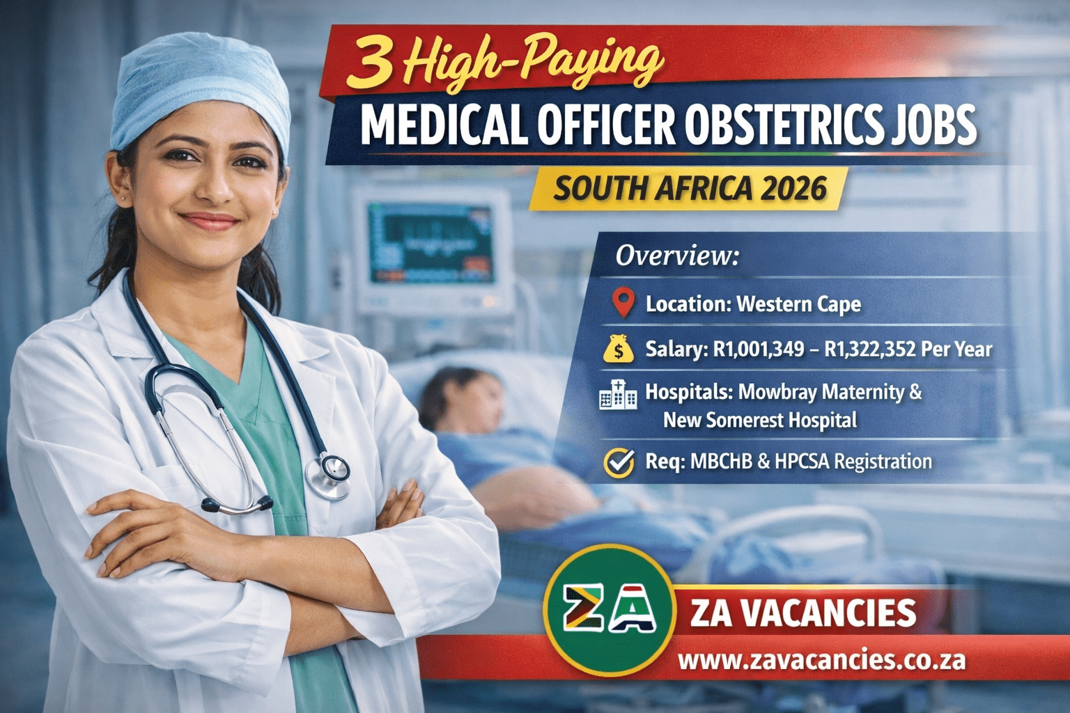 Medical Officer Obstetrics Jobs South Africa 2026 recruitment poster showing salary up to R1.32 million at Western Cape hospitals