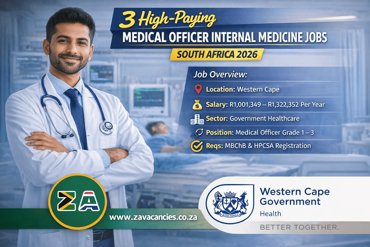 Medical Officer Internal Medicine Jobs South Africa 2026 recruitment poster showing salary up to R1.32 million at Western Cape government hospitals