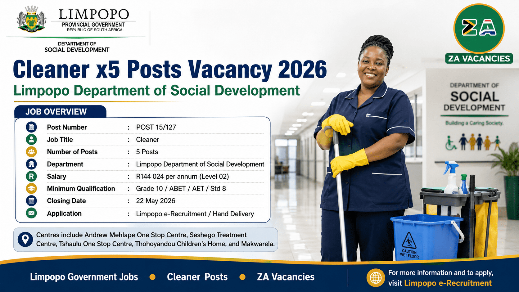 Cleaner x5 Posts Vacancy 2026 at Limpopo Department of Social Development with job overview and ZA Vacancies logo