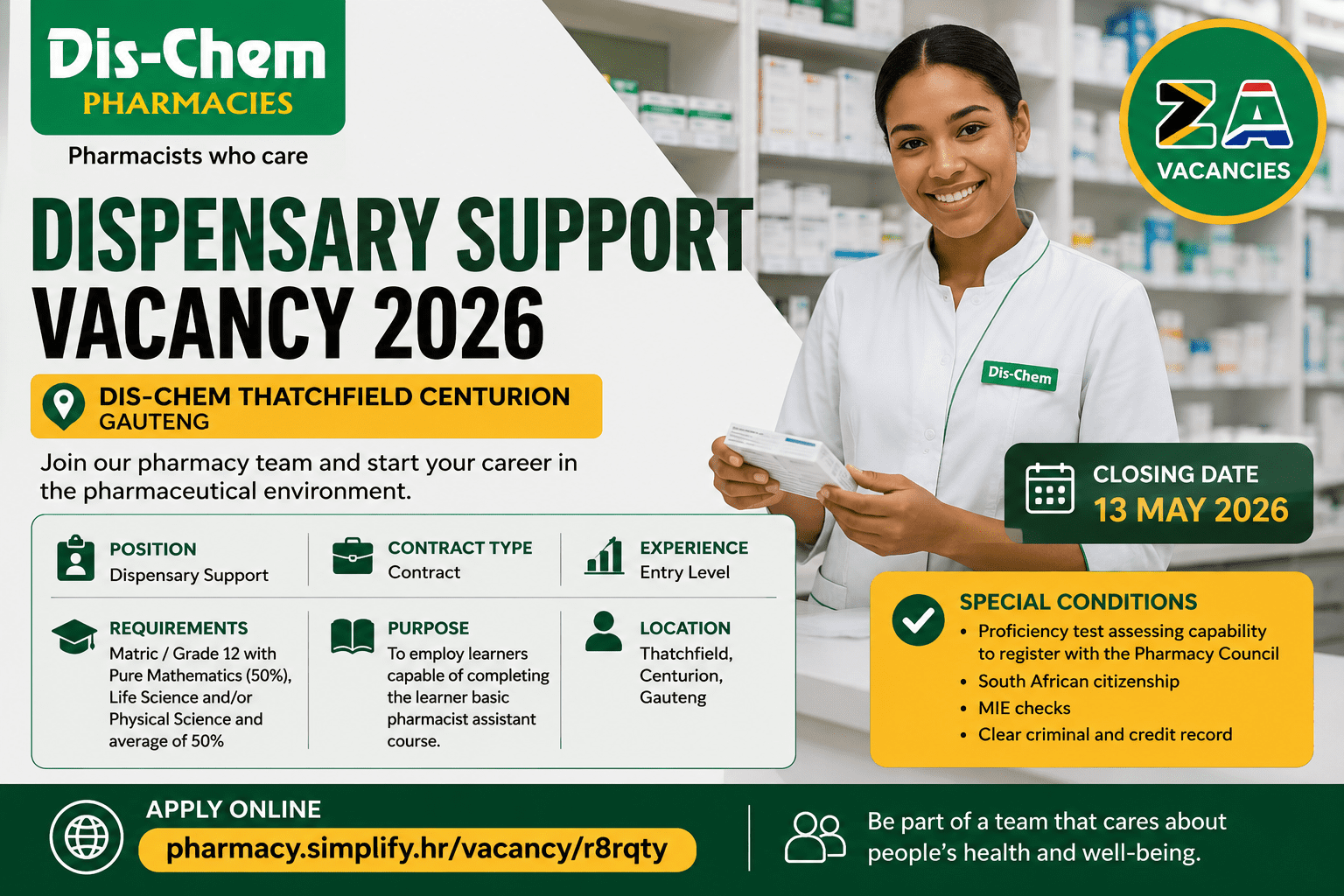 Dispensary Support Vacancy 2026 at Dis-Chem Thatchfield Centurion with pharmacy job overview and application details