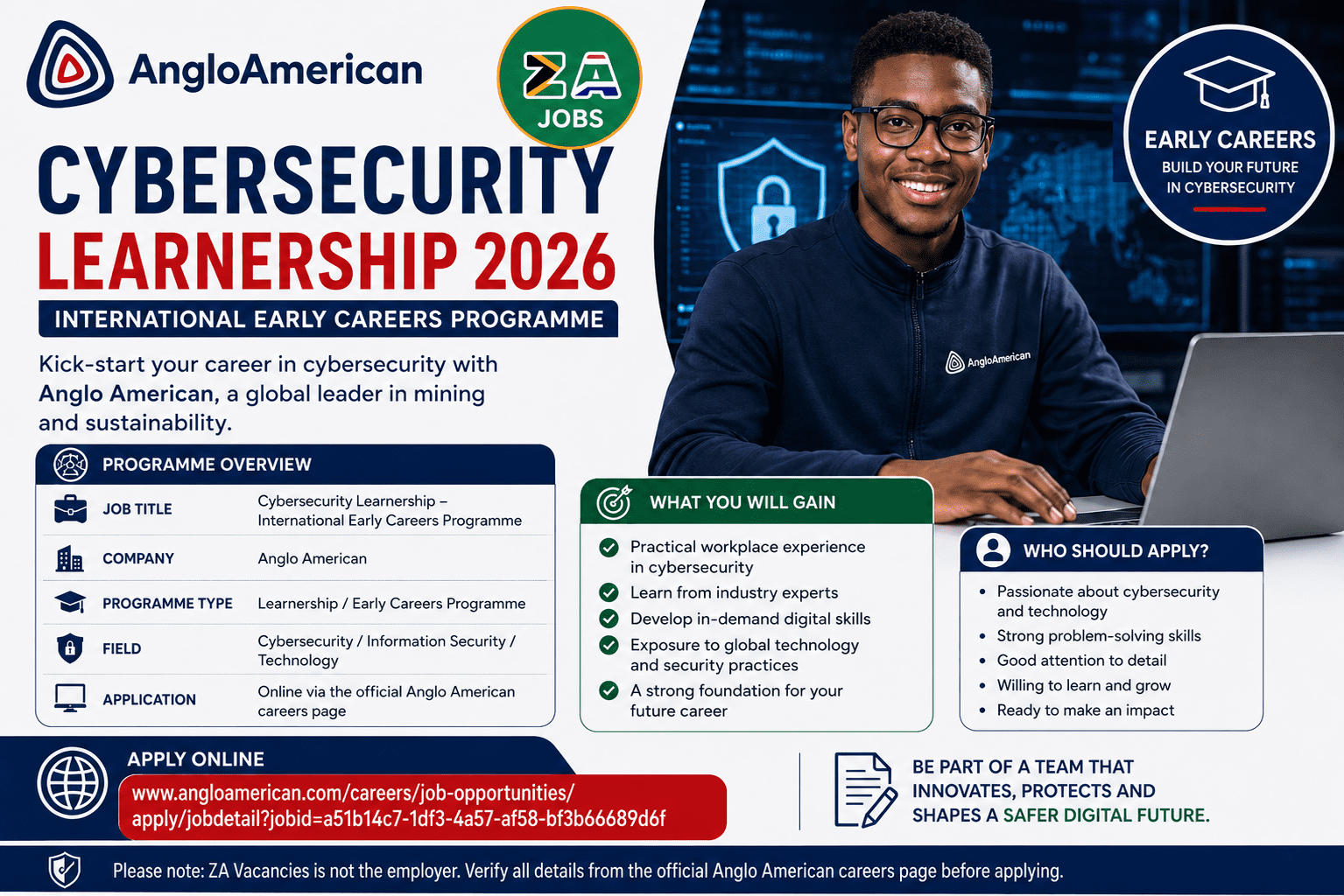 Cybersecurity Learnership 2026 at Anglo American with ZA Jobs logo, programme overview, application details and early careers information