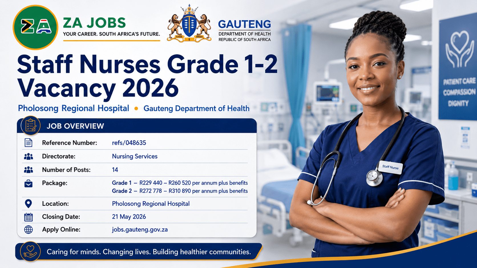 Staff Nurses Grade 1-2 Vacancy 2026 at Pholosong Regional Hospital with Gauteng Department of Health and ZA Jobs logos