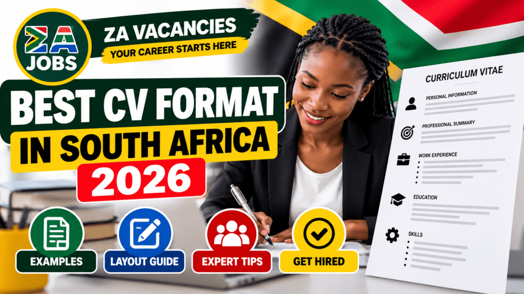 Best CV Format in South Africa 2026 – professional CV layout example with expert tips and a South African jobseeker preparing a CV