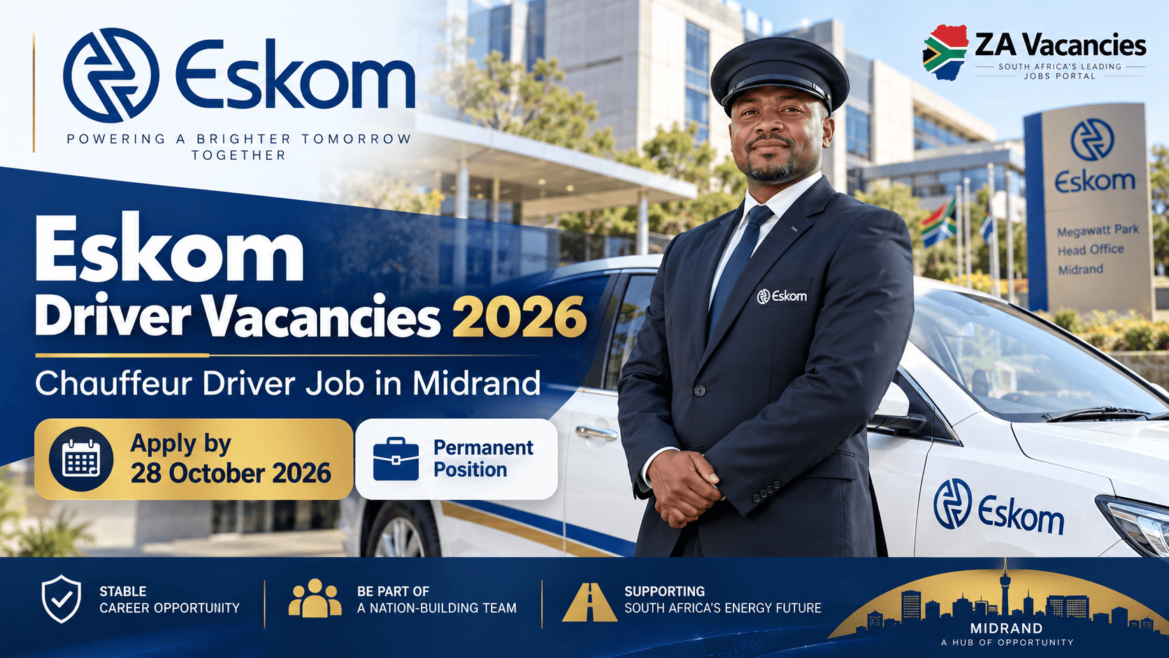 Eskom Driver Vacancies 2026 banner showing a professional chauffeur standing beside a branded Eskom vehicle in Midrand.