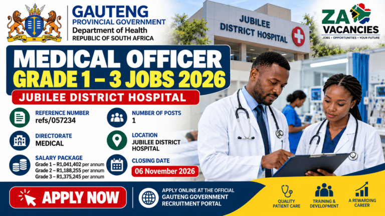 Jubilee Hospital Medical Officer Jobs 2026 – Grade 1–3 vacancies at Jubilee District Hospital, Gauteng, with salaries from R1,041,402 to R1,375,245 per annum.