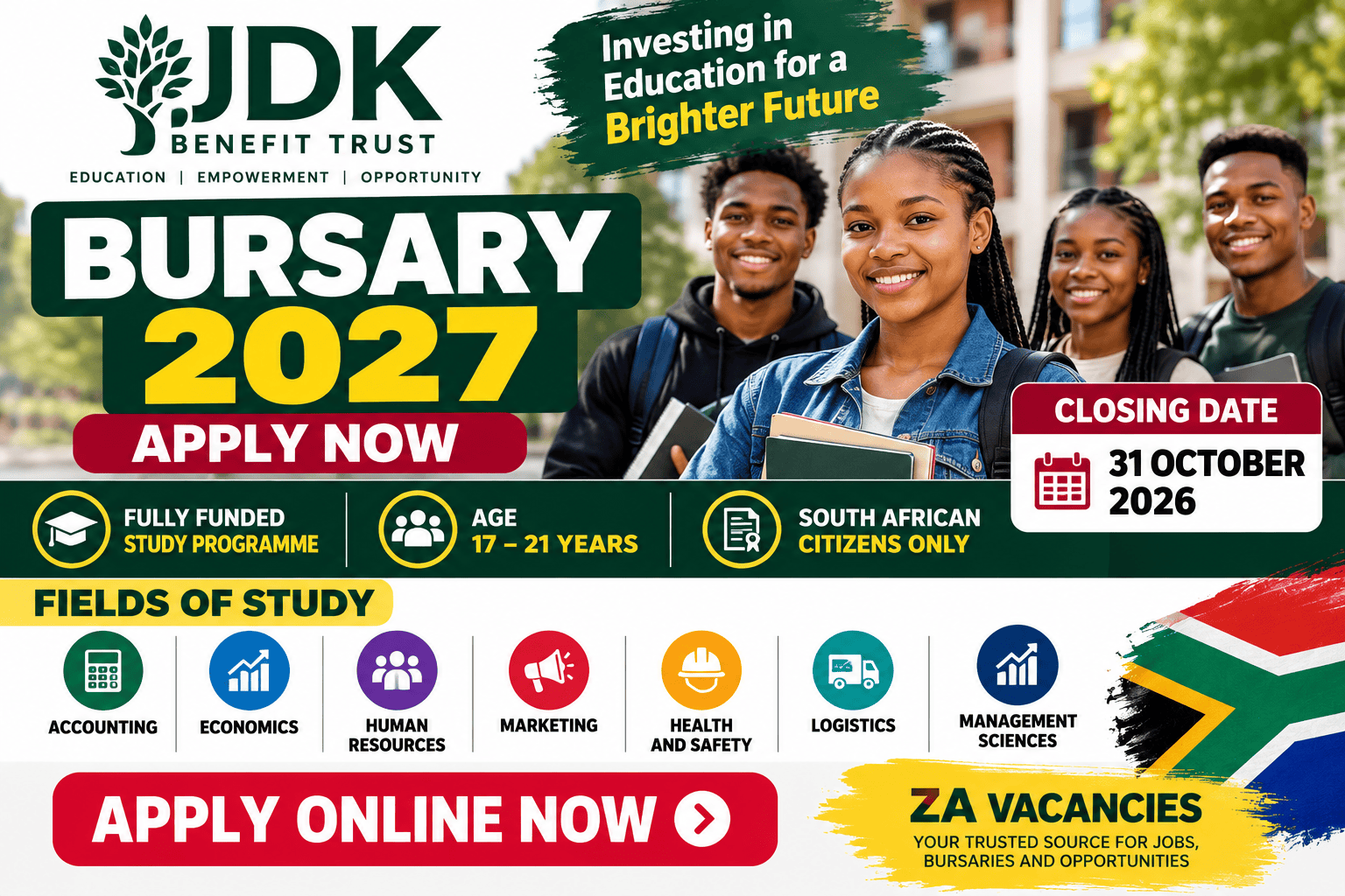 JDK Benefit Trust Bursary 2027 for South African students aged 17–21, featuring eligible study fields and an application closing date of 31 October 2026.
