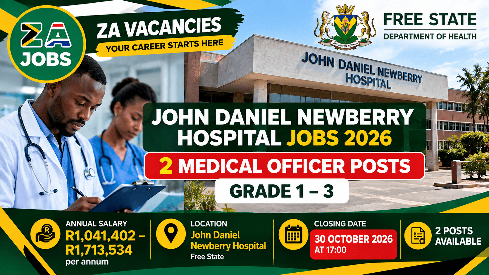 John Daniel Newberry Hospital Jobs 2026 – 2 Medical Officer Grade 1–3 vacancies in Free State