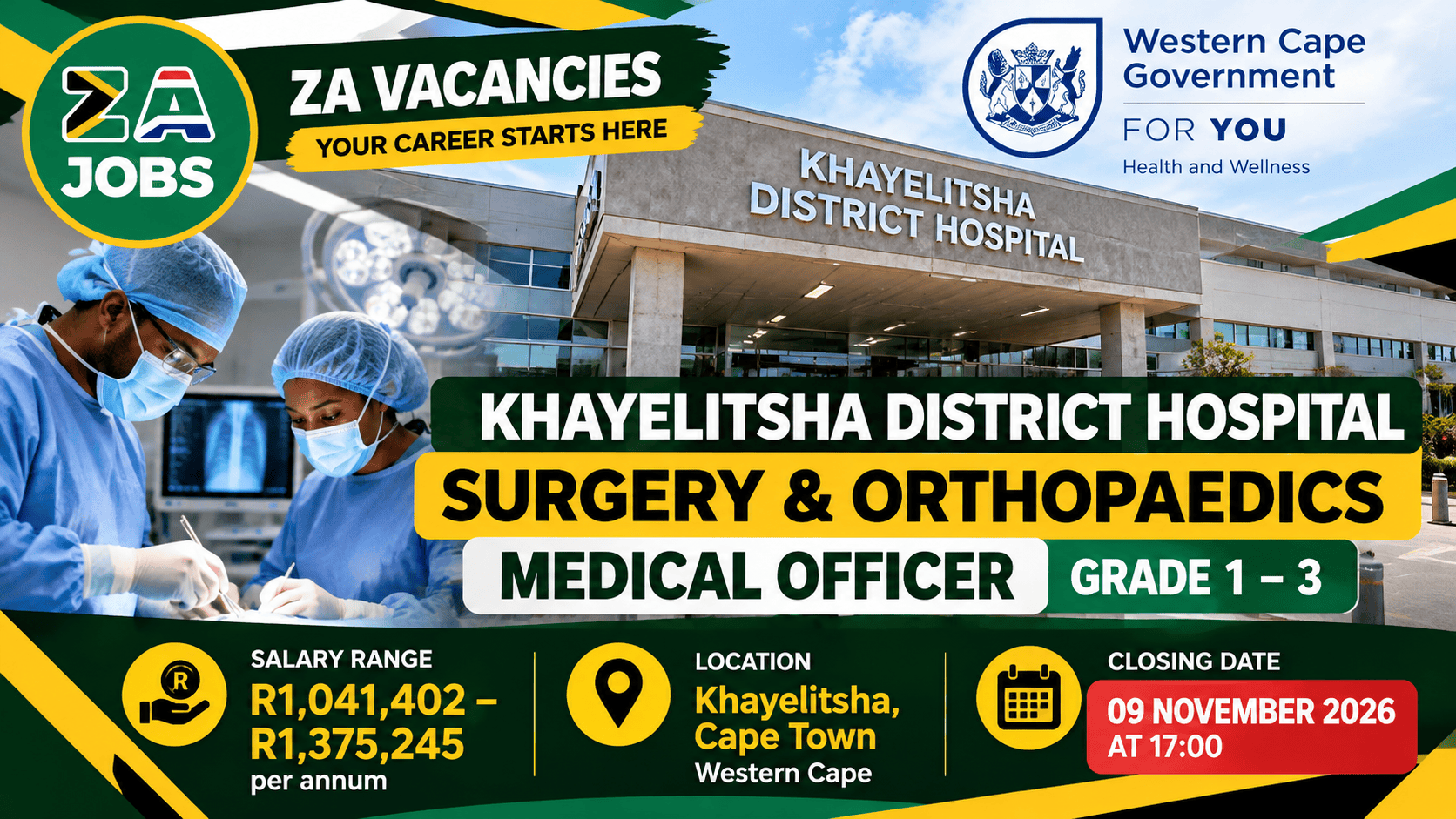 Khayelitsha Hospital Surgery Jobs 2026 – Medical Officer Grade 1–3 Surgery and Orthopaedics vacancies in Cape Town, Western Cape