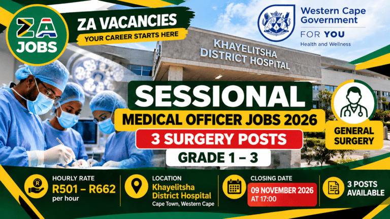 Sessional Medical Officer Jobs 2026 – 3 General Surgery posts at Khayelitsha District Hospital paying R501 to R662 per hour