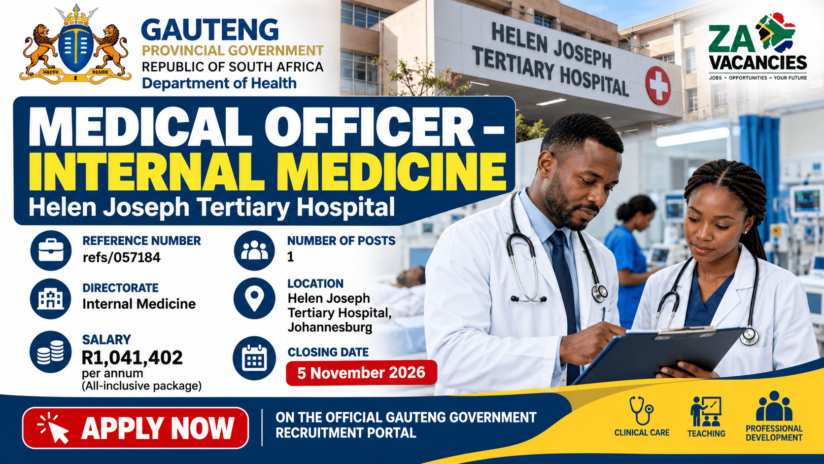 Helen Joseph Medical Officer Jobs 2026 – Internal Medicine vacancy at Helen Joseph Tertiary Hospital in Johannesburg, salary R1,041,402 per annum.