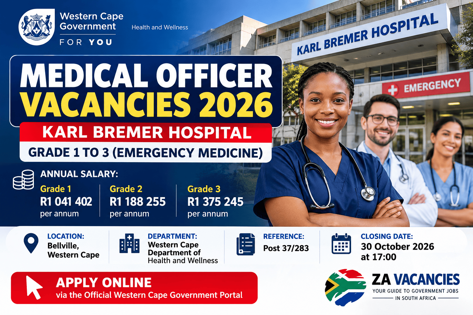 Medical Officer Vacancies 2026 at Karl Bremer Hospital – Emergency Medicine Grade 1 to 3 in Western Cape