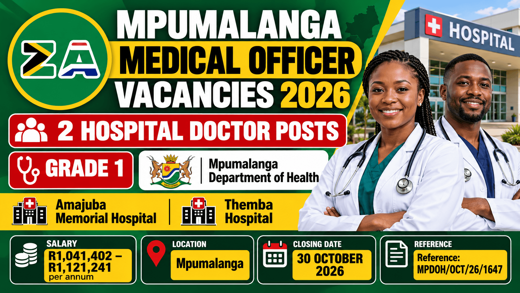 Mpumalanga Medical Officer Vacancies 2026 – 2 Grade 1 posts at Amajuba Memorial Hospital and Themba Hospital
