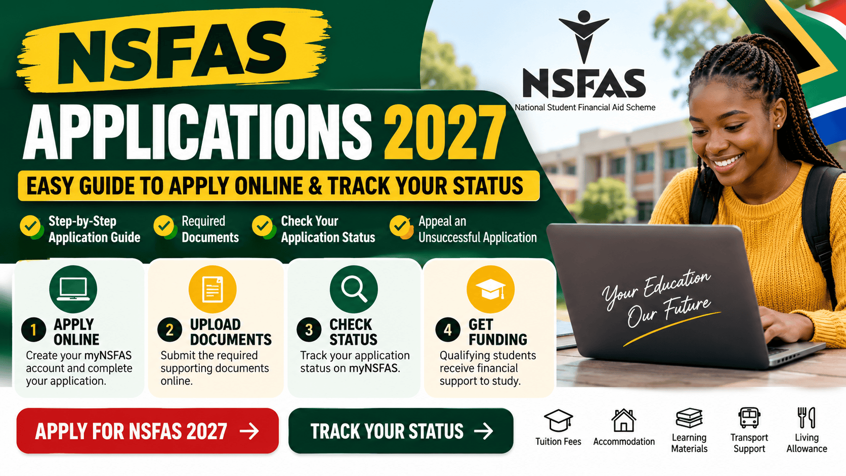 NSFAS Applications 2027 guide showing how to apply online, upload documents and track application status on myNSFAS