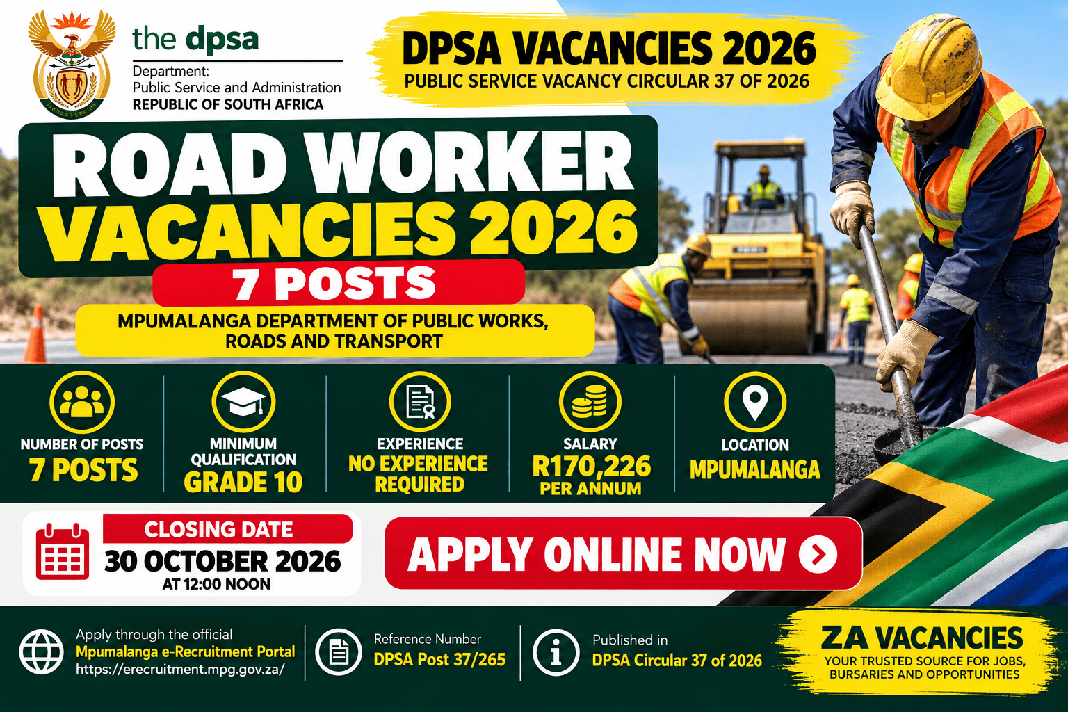 DPSA Road Worker Vacancies 2026 in Mpumalanga – 7 posts, Grade 10, no experience required and R170,226 annual salary. Copy