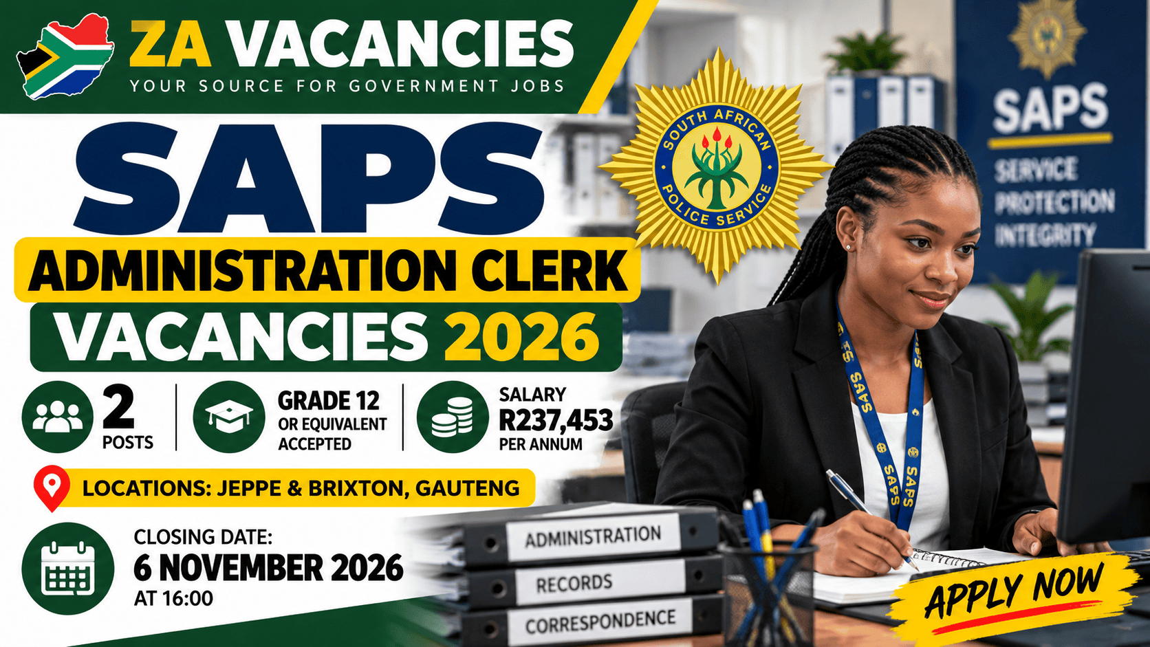 SAPS Administration Clerk Vacancies 2026 – 2 Grade 12 government jobs