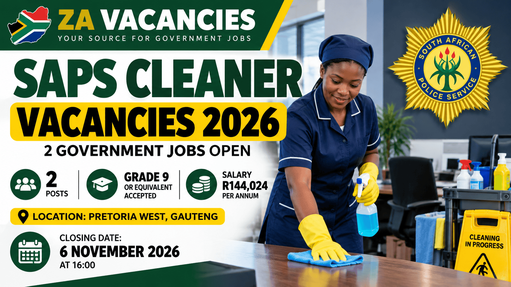 SAPS Cleaner Vacancies 2026 – 2 government jobs requiring Grade 9