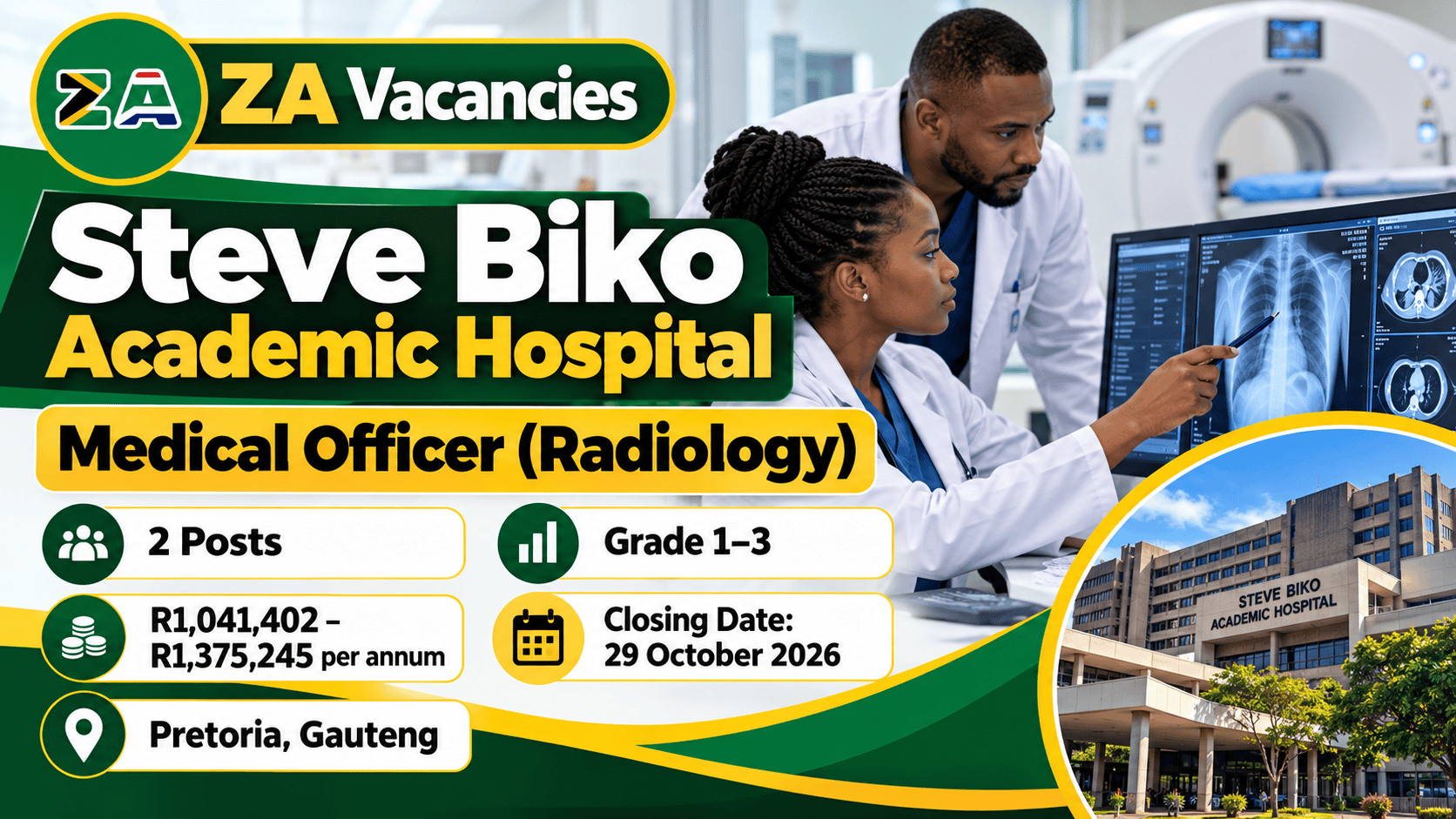 Steve Biko Hospital Medical Officer Jobs 2026 – two Radiology vacancies in Pretoria Gauteng
