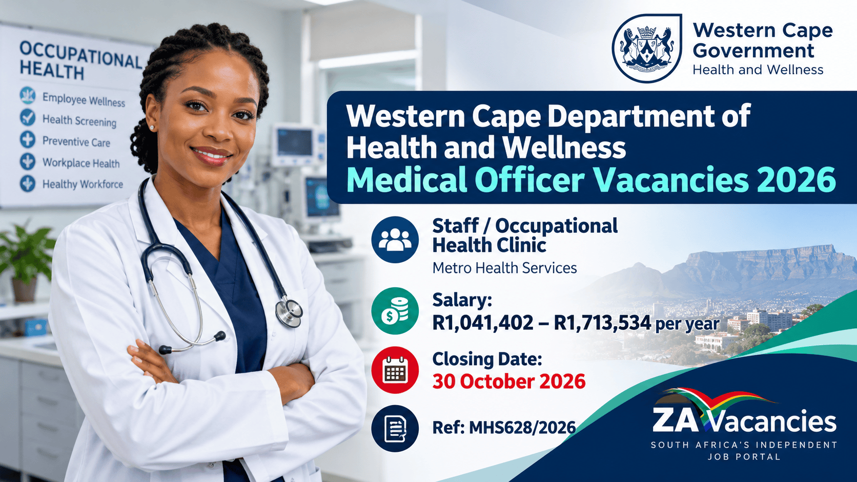 Western Cape Medical Officer Vacancies 2026 for Staff and Occupational Health Clinic, salary up to R1,713,534.