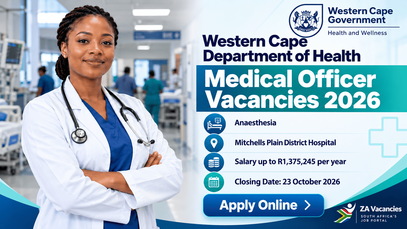 Western Cape Department of Health Medical Officer Vacancies 2026 banner for Anaesthesia post at Mitchells Plain District Hospital
